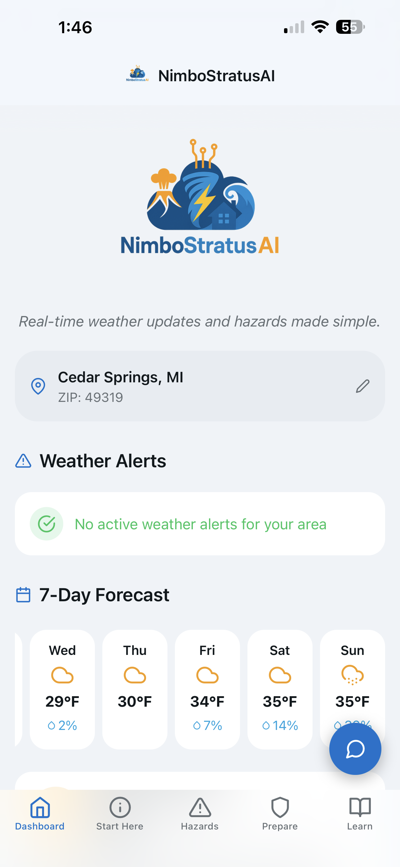 NimboStratusAI Dashboard showing weather alerts and 7-day forecast